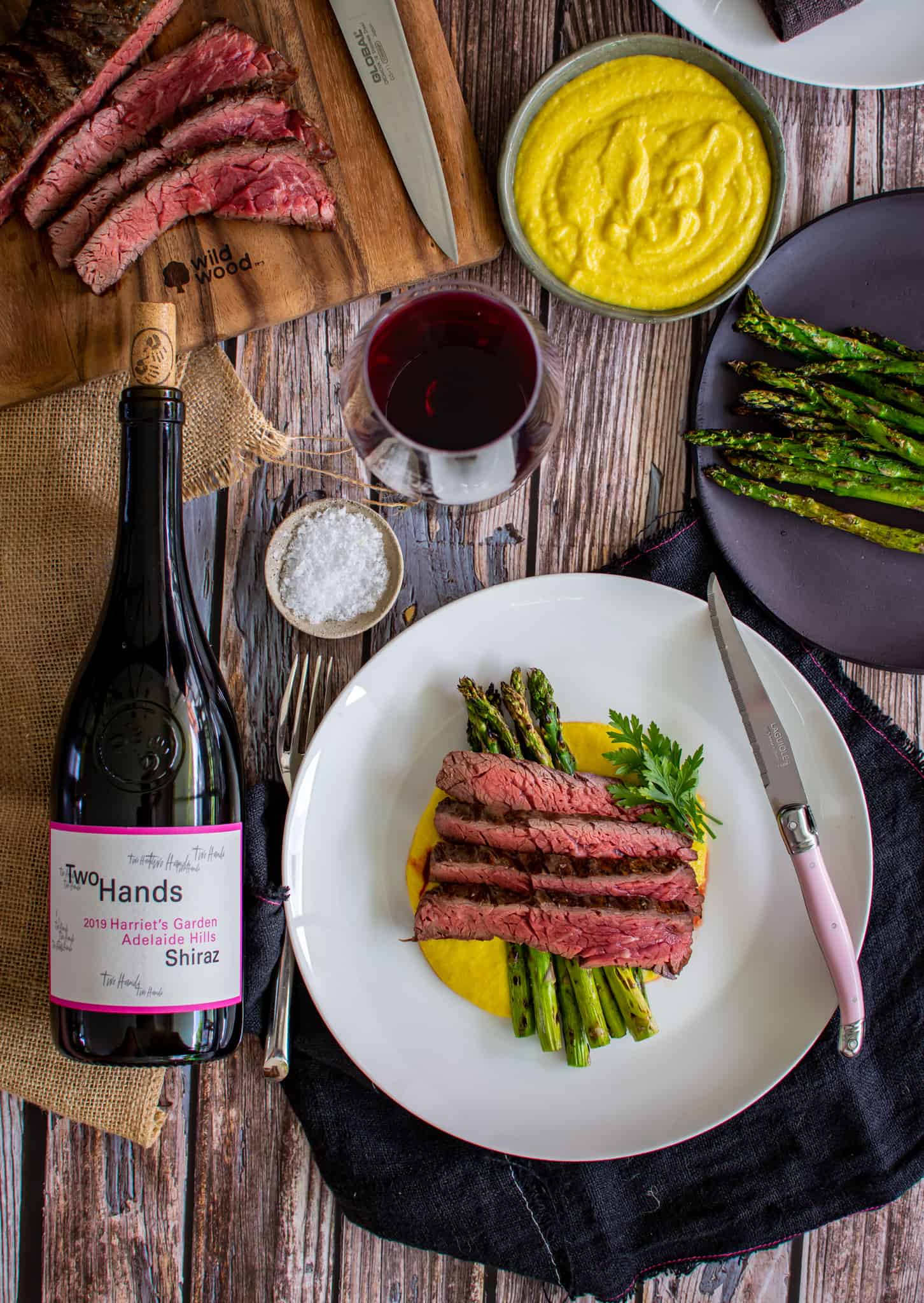 Steak Bavette panggang, pure jagung